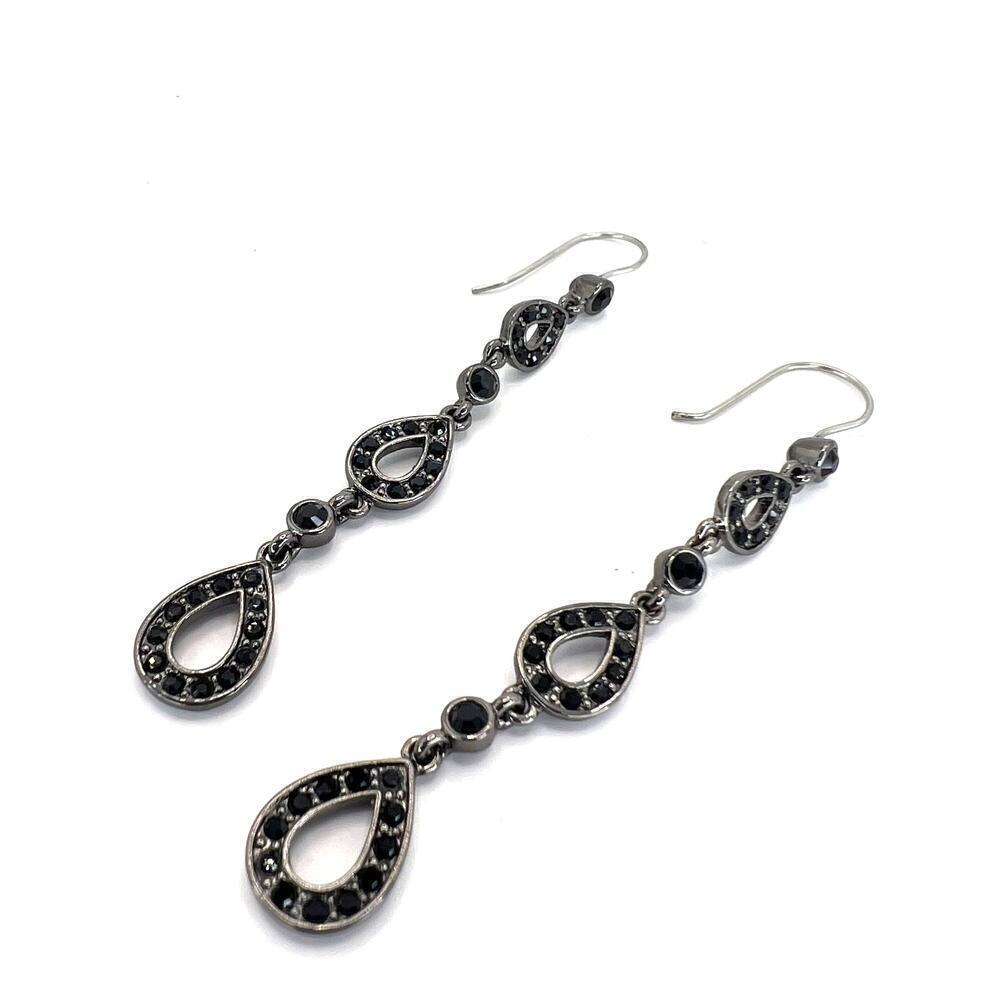 Vintage Monet Dangle Drop Earrings Black Rhinestone Crystal Gunmetal Signed MCM